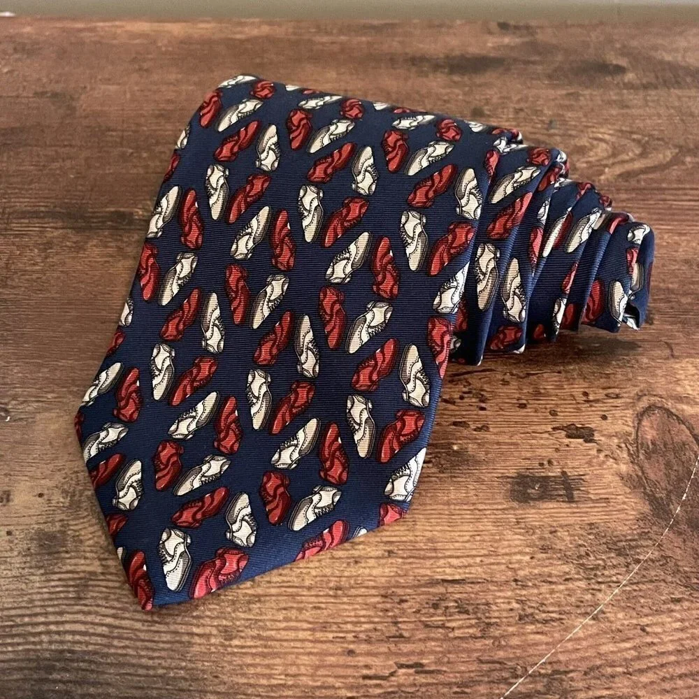 Bally Mens Silk Necktie USA Made Navy Blue Spectator Wingtip Shoe Novelty Print
